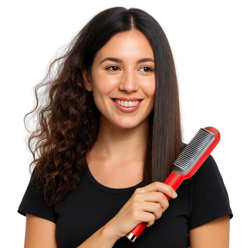 Mujer sonriente mostrando el efecto del cepillo alisador: lado izquierdo con rizos, lado derecho liso.