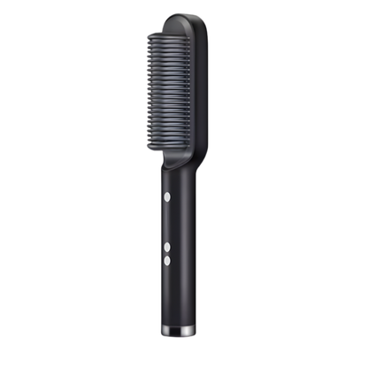 Peine alisador eléctrico negro con botones blancos y diseño ergonómico, ideal para alisar el cabello con precisión y rapidez. Fondo lila que resalta el estilo moderno del dispositivo, perfecto para rutinas de belleza y cuidado capilar diario.