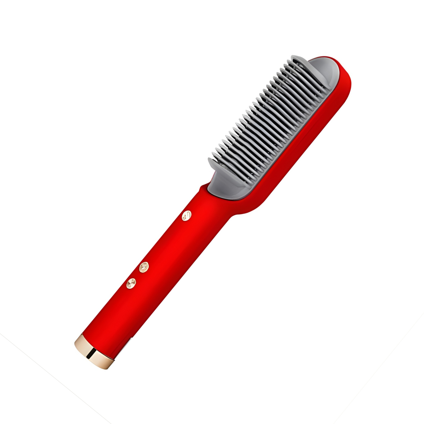 Cepillo alisador eléctrico en color rojo con diseño elegante, botones dorados de control y cerdas densas para un alisado eficaz.