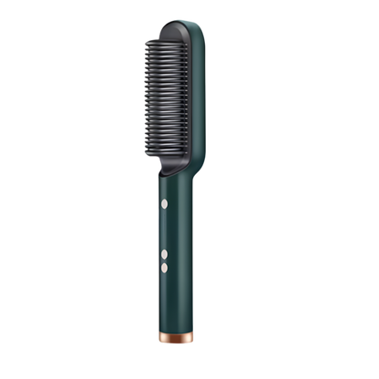 Cepillo alisador eléctrico verde oscuro con cabezal negro y botones blancos, ideal para alisar el cabello con rapidez y estilo. Diseño moderno con detalle dorado sobre fondo lila degradado, perfecto para rutinas de belleza y cuidado capilar diario.