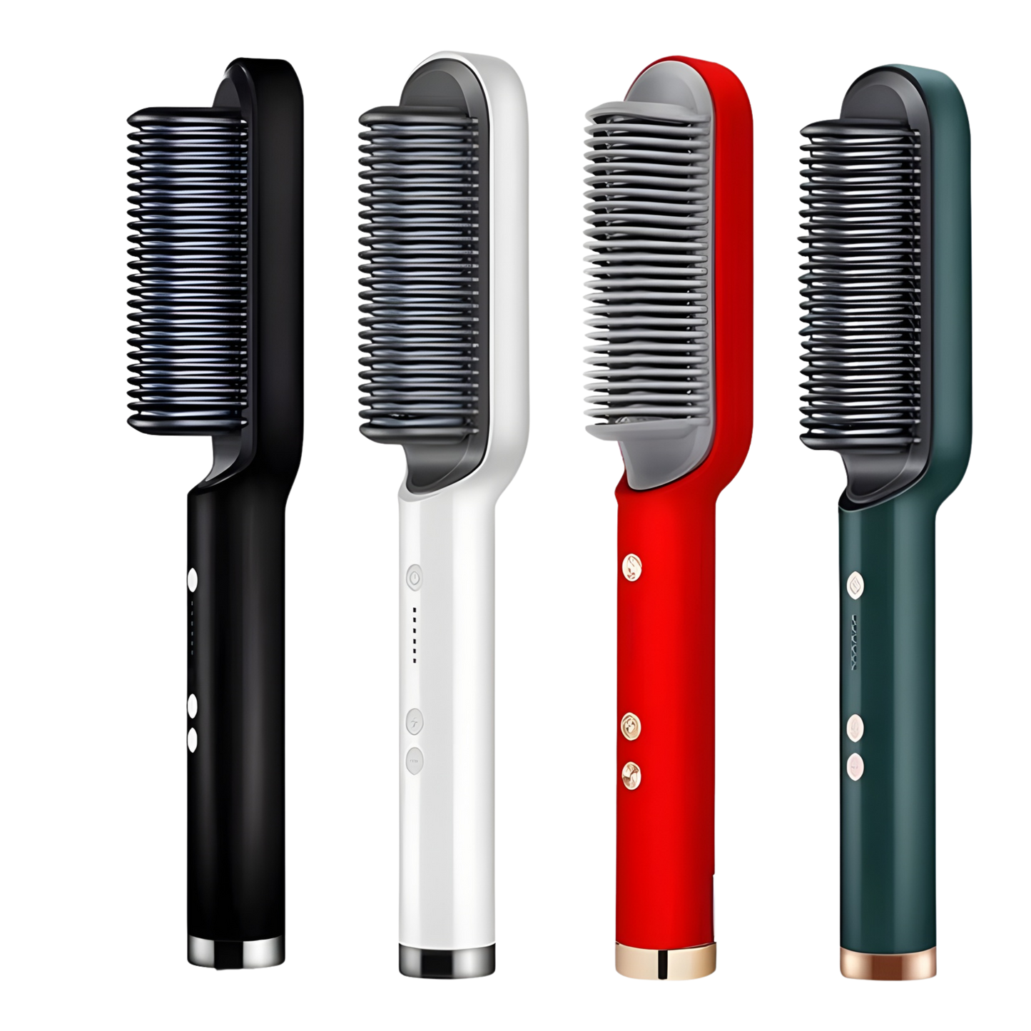 Cuatro cepillos alisadores eléctricos en colores negro, blanco, rojo y verde oscuro, con diseño moderno y controles integrados.
