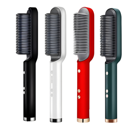 Cuatro cepillos alisadores eléctricos en colores negro, blanco, rojo y verde oscuro, con diseño moderno y controles integrados.