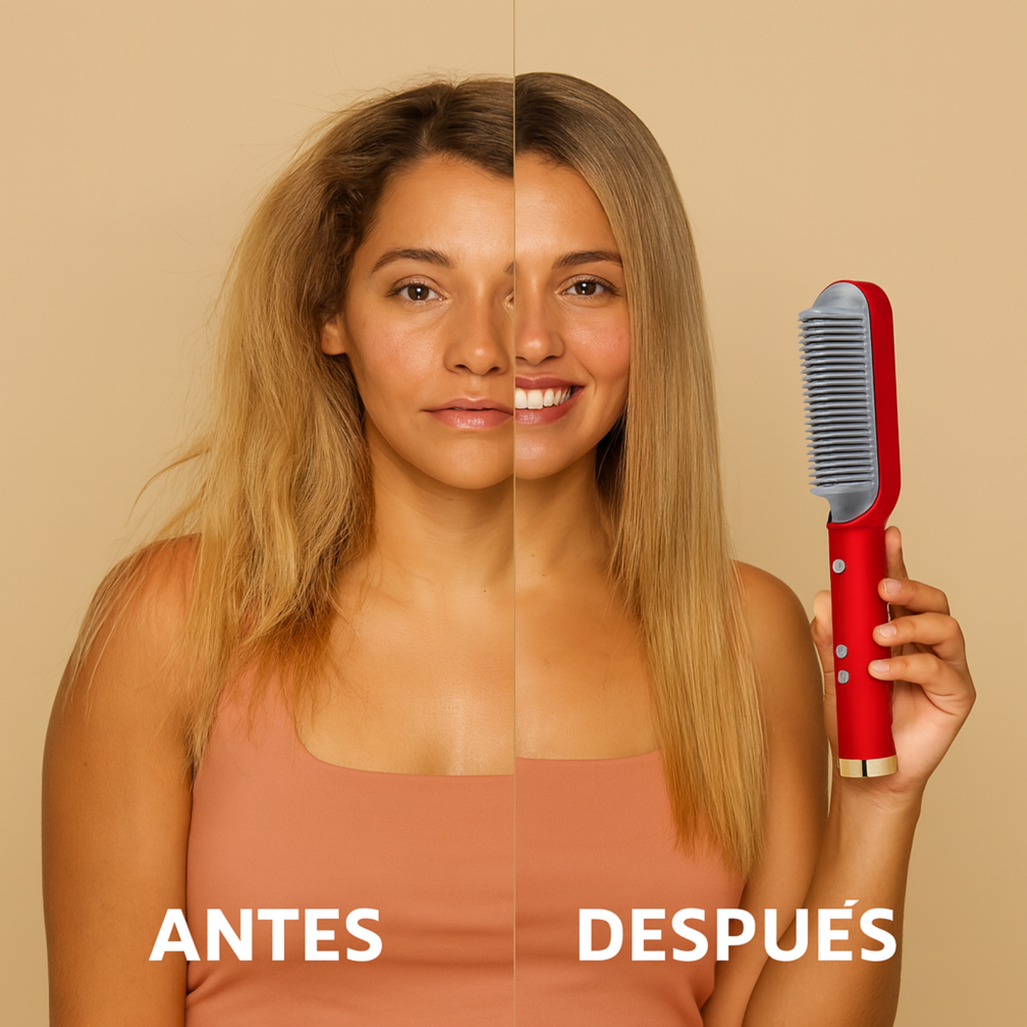 Comparativa antes y después de usar cepillo alisador eléctrico: cabello encrespado versus liso y brillante. Mujer con expresión seria en el “antes” y sonriente en el “después”, mostrando resultados visibles del alisado. Fondo beige y cepillo rojo en mano.