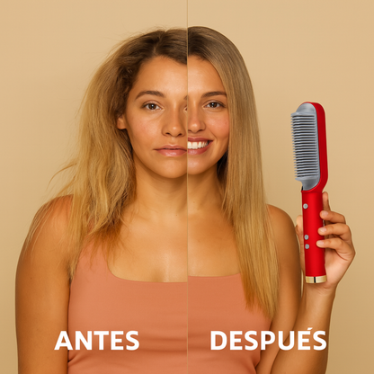 Comparativa antes y después de usar cepillo alisador eléctrico: cabello encrespado versus liso y brillante. Mujer con expresión seria en el “antes” y sonriente en el “después”, mostrando resultados visibles del alisado. Fondo beige y cepillo rojo en mano.