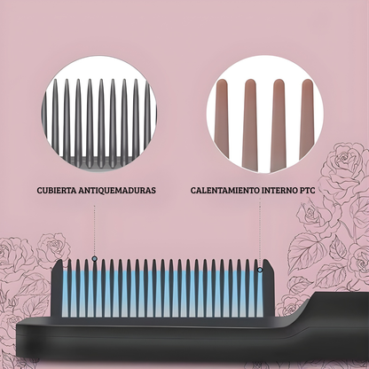 Cepillo alisador térmico con cubierta antiquemaduras y tecnología de calentamiento interno PTC, presentado sobre fondo rosa con ilustraciones florales.