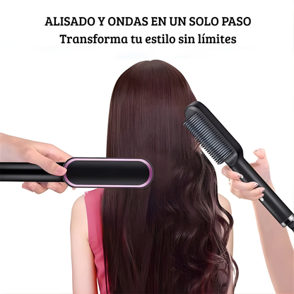 Vista posterior de una mujer con cabello largo, mostrando alisado con plancha y ondas con peine térmico, destacando la doble función del producto para transformar el estilo en un solo paso.