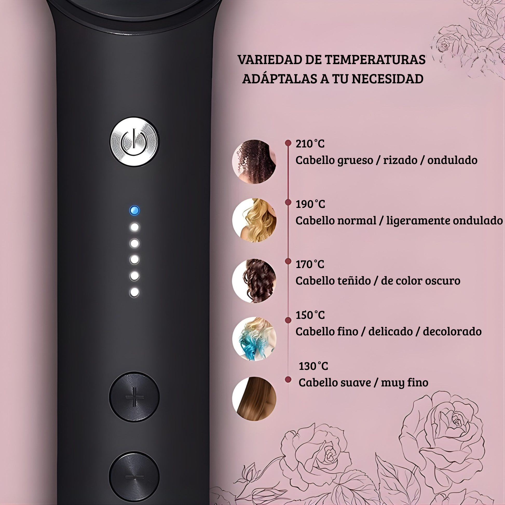 Cepillo alisador con control de temperatura ajustable y guía visual para elegir el nivel según tipo de cabello: desde fino y delicado hasta grueso y rizado